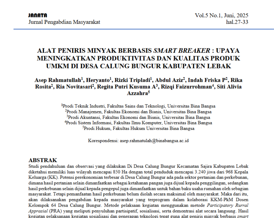 ALAT PENIRIS MINYAK BERBASIS SMART BREAKER : UPAYA MENINGKATKAN PRODUKTIVITAS DAN KUALITAS PRODUK UMKM DI DESA CALUNG BUNGUR KABUPATEN LEBAK